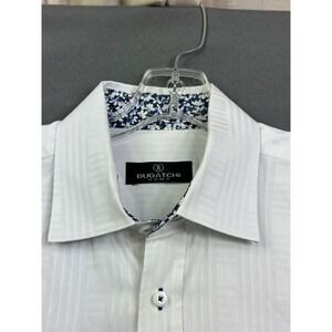 Bugatchi Uomo Mens White Tonal Stripe Floral Trim Long Sleeve Button Down Shirt